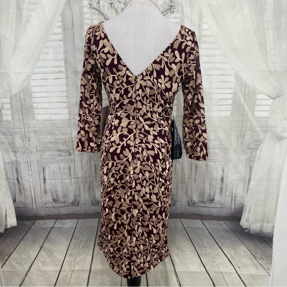 JS Collections Size 6 Maroon Purple Embroidered Fitted 3/4 Sleeve Sheath Dress - Picture 8 of 14